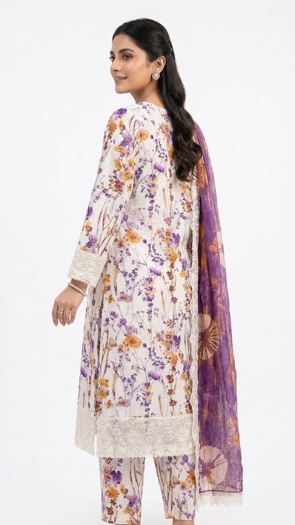 Printed Lawn Embroidered Suit With Chiffon Dupatta