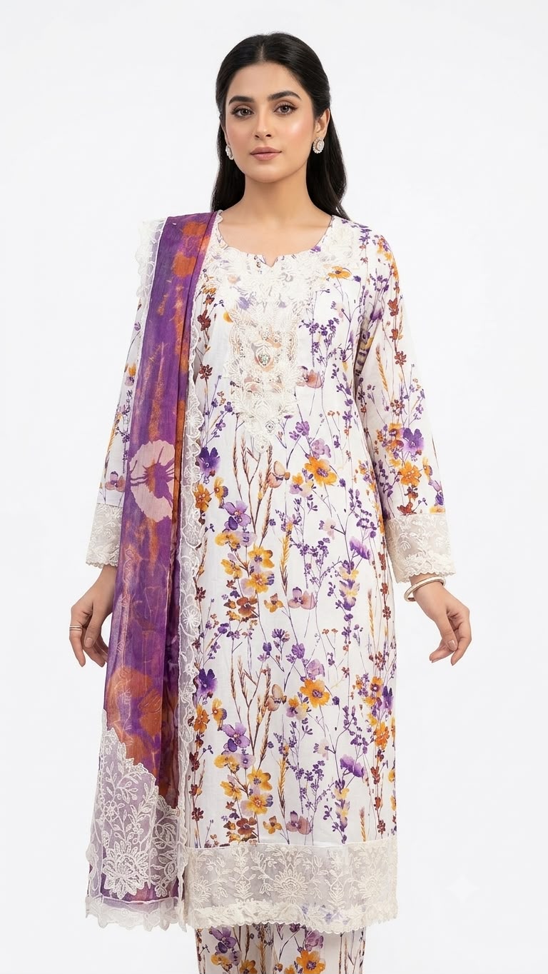 Printed Lawn Embroidered Suit With Chiffon Dupatta