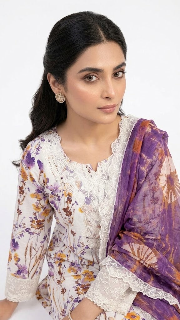 Printed Lawn Embroidered Suit With Chiffon Dupatta