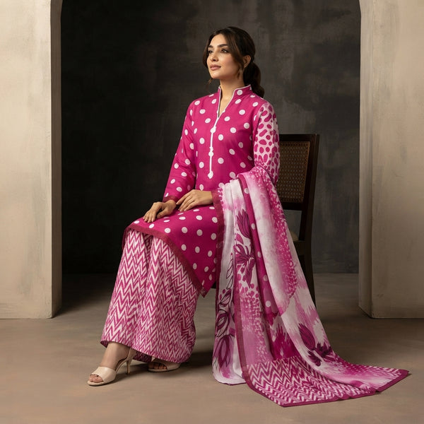 A woman wearing a coordinated Maria.B 3-piece suit, emphasizing the balanced print and elegant silhouette of the designer out