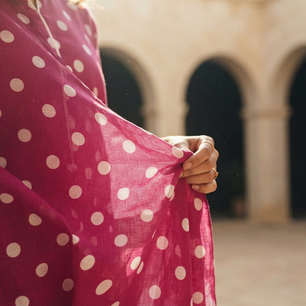 Close-up of lightweight, high-quality cotton lawn fabric draped in a sunlit, elegant Mediterranean courtyard.