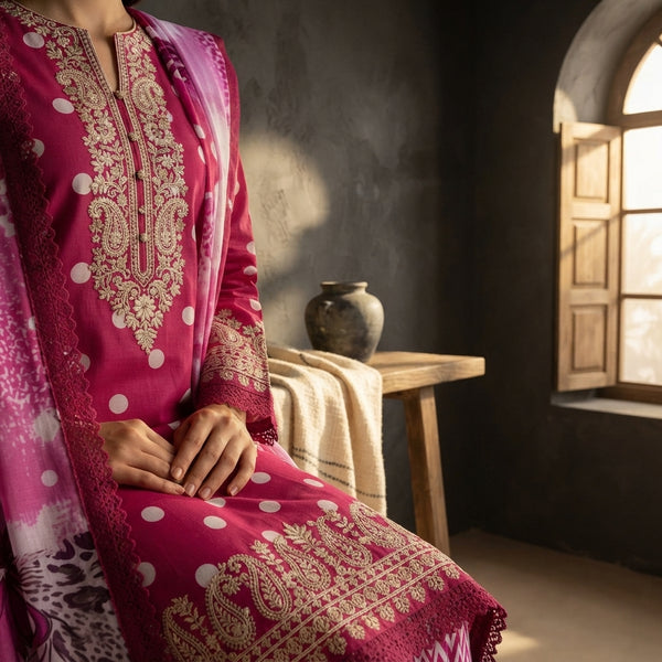 Close-up detail of high-quality embroidery on a Maria.B three-piece suit, highlighting fine fabric craftsmanship.