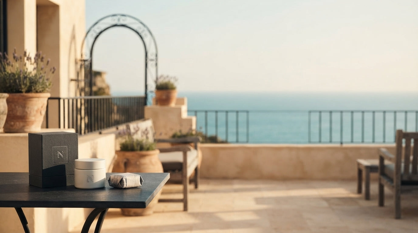 Three Bin Naeem products displayed on a stone table on a coastal terrace with a blurred sea background.